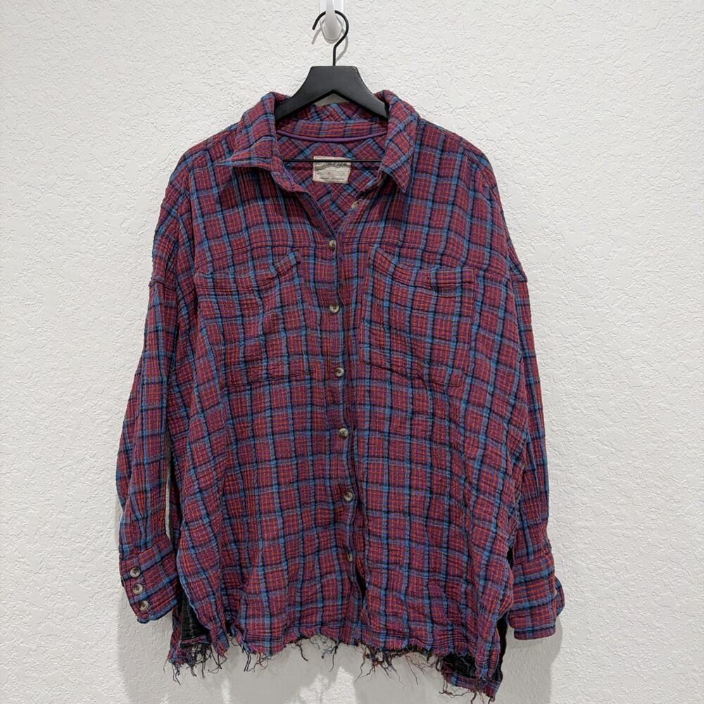 Free People We The Free Cardiff Plaid Button Up Fall Cozy Frayed Size Xl